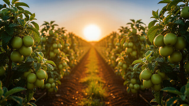 Rows of green fruit grow in an orchard under a warm sunset. Morning dew covers fresh leaves on a sustainable plantation farm. Agriculture and harvesting concept for food industry marketing.