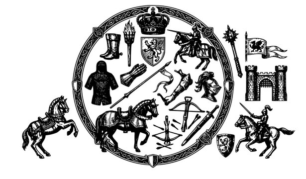 Vintage Medieval Knight and Horse Engraving Collection Black and White Vector Set