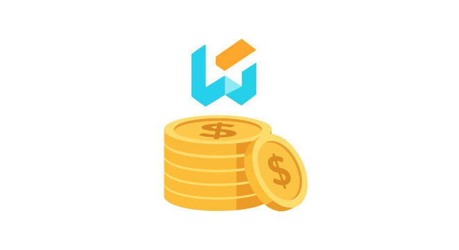 A graphic showing a stack of coins and a business logo representing finance
