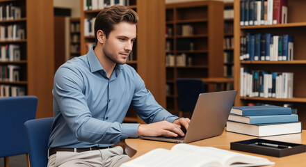 Obraz premium Online software training course registration with male student using laptop computer inside library for learning web development lessons and certification preparation