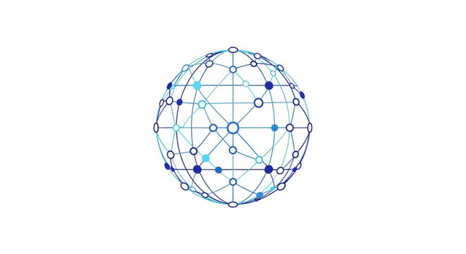 Global network sphere design with connected dots and lines representing data and communication