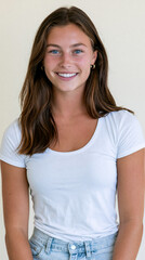 Fototapeta premium young american golfer woman smiling in casual outfit, athletic brunette woman with blue eyes smiling naturally, confident young female golfer portrait in casual style