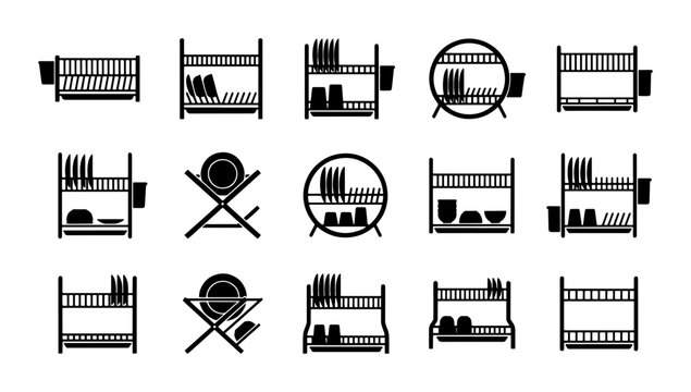 Kitchen Dish Rack Icons, Drying Shelf Vector Graphics, Utensil Holder Illustrations, Kitchenware Storage Symbols, Culinary Organization Elements