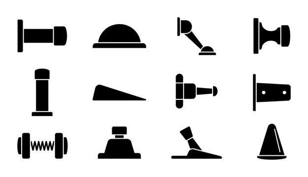 Door Stop Icons Set, Hardware Collection, Black Silhouette Vector Graphics for Interior Design and Security Solutions