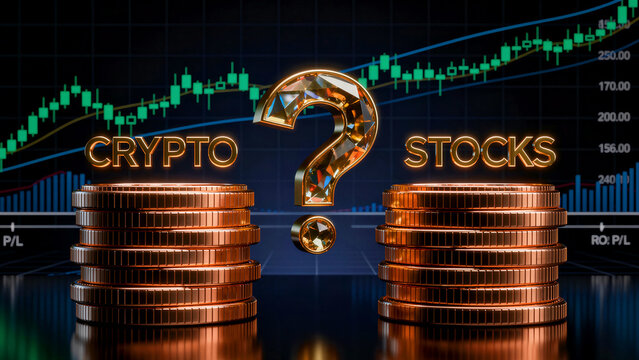 Golden coin stacks labeled crypto and stocks flanking a central question mark. Financial trading chart backdrop shows market movement. Investment choice concept for wealth management marketing.