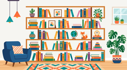 A colorful living room with bookshelves and plants. © Abhinaya Project
