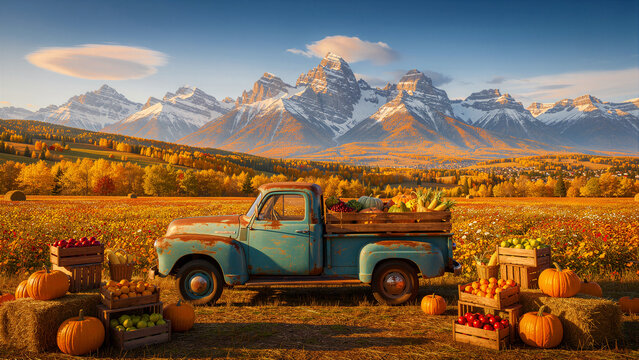 Vintage blue pickup truck parked in a scenic autumn harvest field. Crates of pumpkins and fruit surround the vehicle against a mountain backdrop. Fall agriculture and seasonal abundance concept.