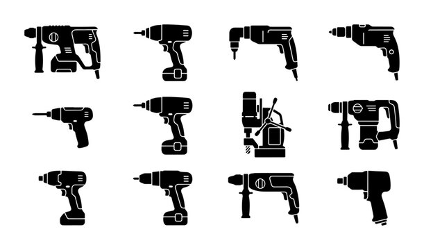 Collection of 12 Black Silhouette Power Drills, Rotary Hammers, and Impact Drivers, Vector Icons for Construction and DIY Projects