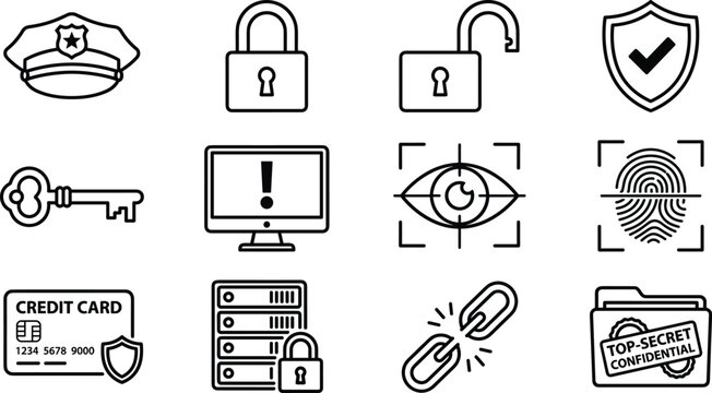Cyber security and data protection line icons set with police hat lock shield key monitor scanner server