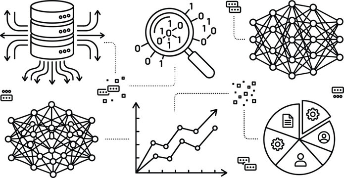 Big data analytics line icon set artificial intelligence neural network database search binary chart graph pie visualization