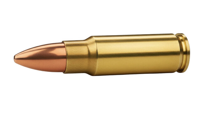 One rifle cartridge with brass casing and copper bullet tip isolated on transparent background