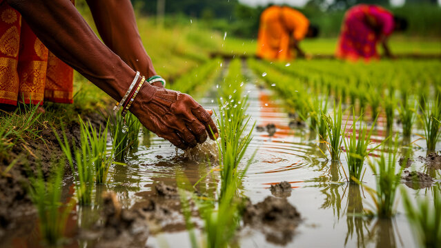 Close up of Indian female farmer hands planting rice seedlings in a flooded field. Traditional agricultural worker cultivating organic paddy crops. Sustainable farming and rural labor concept.