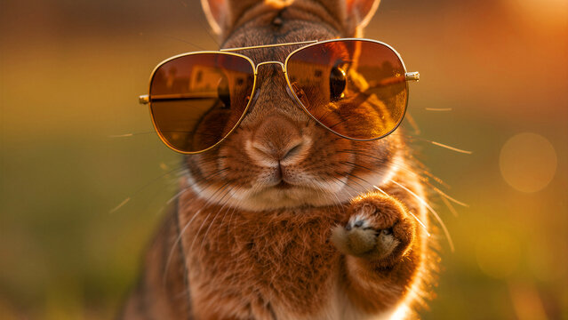 Brown rabbit wearing large aviator sunglasses. Close-up portrait of a bunny posing in warm sunset lighting. Funny animal and cool character concept, ideal for humorous social media campaigns.