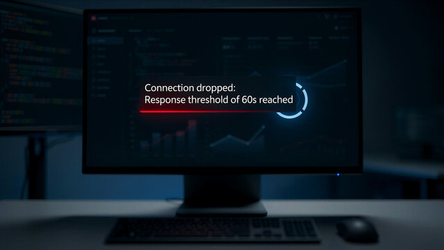 Computer monitor displaying a connection dropped error message. Software notification showing response threshold timeout over data analytics. IT failure concept, useful for tech troubleshooting.