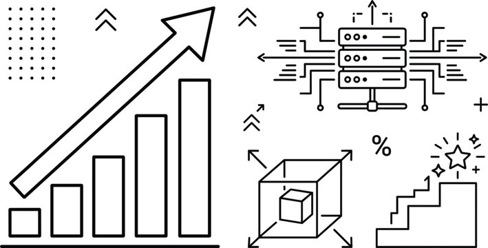 Data growth line icon set server infrastructure scalability business success bar chart step progress arrow up