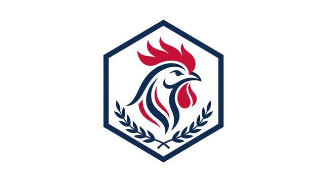 Close-up of a stylized rooster emblem with bold lines and vibrant colors on a white background