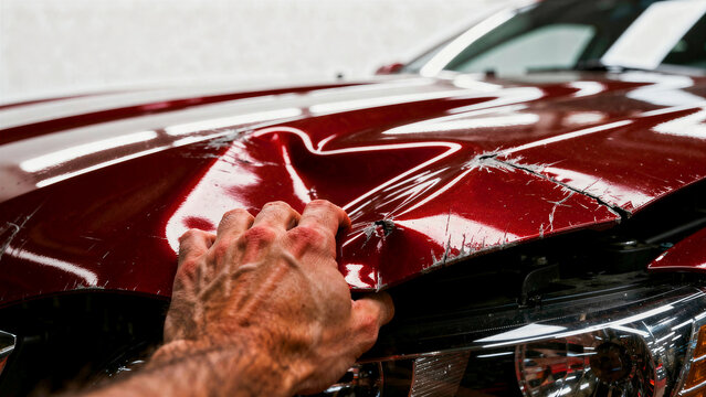Hand touching a severely dented red car hood. Close-up view of vehicle damage and scratched paint after an accident. Car insurance claim concept, perfect for automotive body shop marketing.
