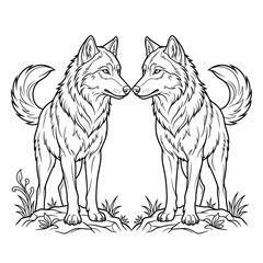 Two majestic wolves standing together in a symmetrical artistic line drawing. © Dwi R Firmansyah