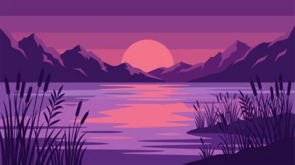 Fototapeten Violett Serene lake landscape with purple mountains.  © Abhinaya Project