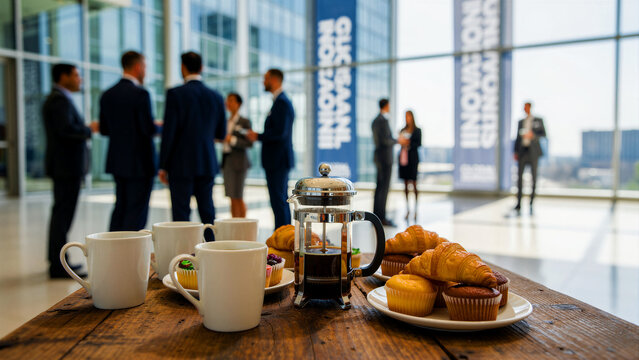 Business breakfast catering on a wooden table in a corporate lobby. Professionals in suits network in a modern office space. Corporate hospitality concept, ideal for conference marketing.
