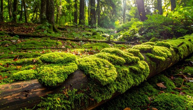 Moss covered forest floor with fallen logs and greenery.