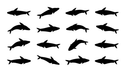 Fototapeta premium Shark Silhouettes Collection, Marine Life Vector Icons, Ocean Predators Graphic Elements, Aquatic Wildlife Set