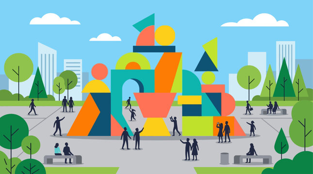 A vibrant flat design vector illustration showcasing an abstract art installation in a public space, representing the visual arts aspect of the Edinburgh International Festival. 
