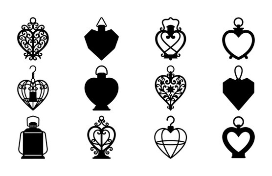 Ornate Heart and Lantern Charms, Vintage Pendant Silhouettes, Decorative Jewelry Elements, Black Vector Icons for Crafting and Design