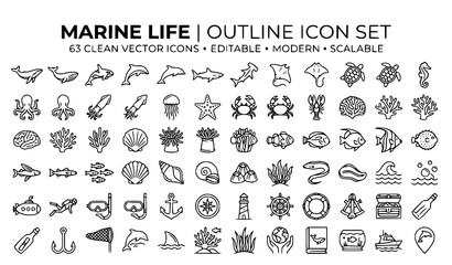 Marine Life Outline Icon Set Featuring Ocean Animals, Coral Reef and Nautical Symbols © Rashel12