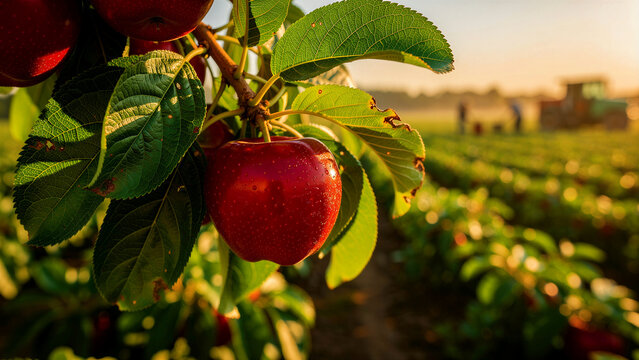 Red ripe apple on tree branch in an orchard at sunset. Lush green leaves frame the fruit with a blurred tractor and farm background. Organic harvest concept for food marketing.