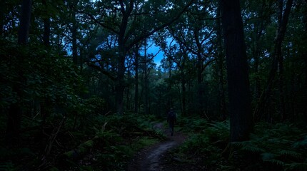 Obraz premium Lone hiker emerges from deep forest path as twilight descends.