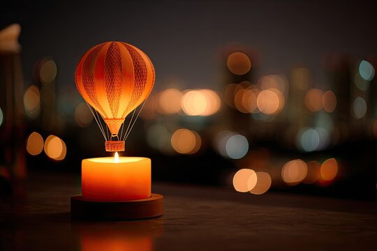 Fiery balloon ascends from a candle, silhouetted against city lights