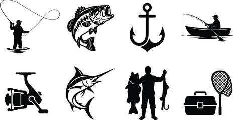 Obraz premium Set of black fishing icons featuring anglers, fish species, equipment, and nautical elements for design