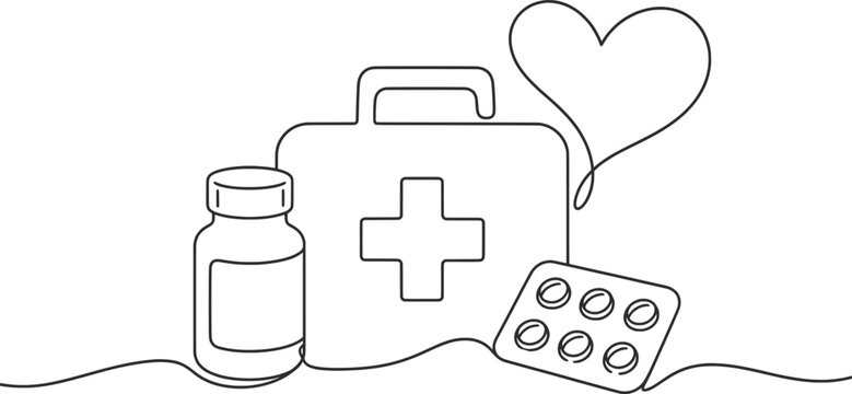 First Aid Kit Medicine Bottle and Pills Line Art Vector Healthcare Illustration.
