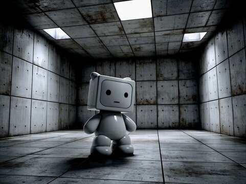 Lonely Cute Robot Standing in Dark Concrete Room