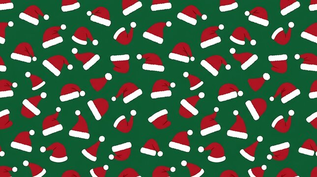 Seamless holiday pattern with red santa hats on green backdrop