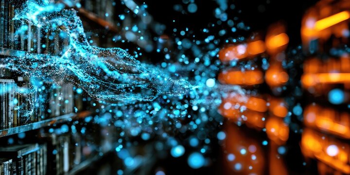Glowing blue energy particles flow through abstract digital structures