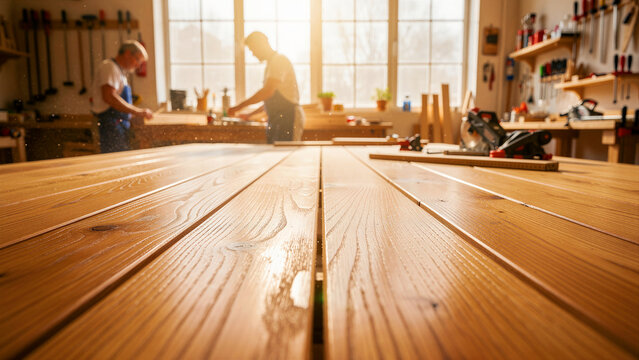 Carpenters working in sunlit woodworking shop with wood planks. Professionals using tools at workbenches in bright studio. Craftsmanship concept for carpentry and industrial DIY marketing.