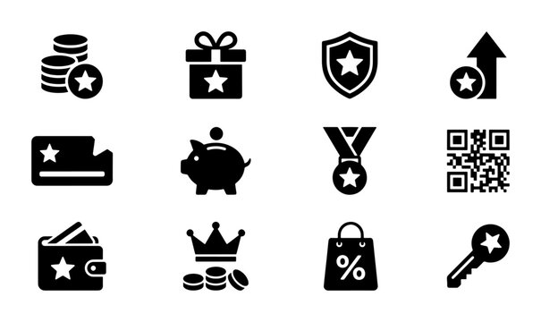 Loyalty Program Icons Set, Reward System Vector Graphics, Customer Engagement Symbols, Gift Card and Piggy Bank, Business Marketing Elements