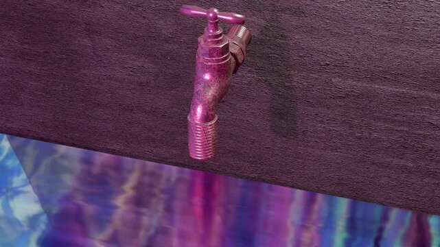3D cinematic animation of Two Water Drops Falling from a Vintage Rusty Gold Faucet into a reflective urban fountain with Neon City Ripples, primarily for Aesthetic Noir and Moody created by 3d render 