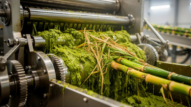 Sugarcane stalks being crushed in an industrial grinding machine. Metal rollers extract green juice and pulp from fresh raw materials. Sustainable biofuel concept for renewable energy themes.