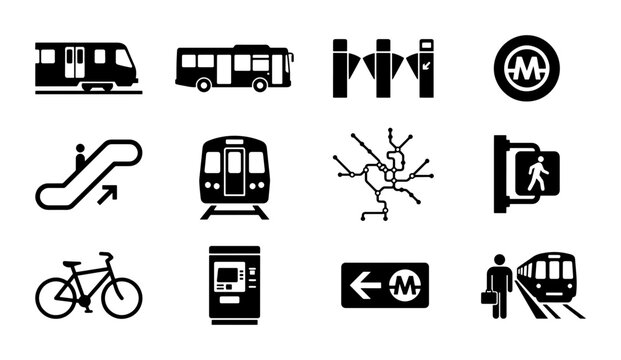 Public Transportation Icons Set: Subway, Bus, Escalator, Bicycle, Turnstile, Metro Map, Ticket Machine, Station Signage, Passenger, Vector Graphics