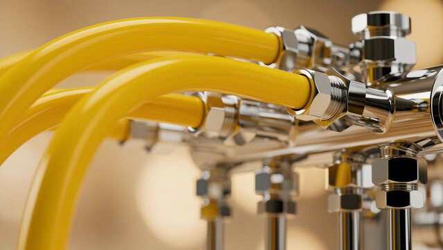 Yellow industrial hoses connected to chrome metal fittings. Close-up view of pressure lines and steel manifold connectors. Fluid power concept ideal for mechanical and engineering marketing.