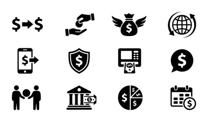 Fototapeta premium Financial Icons Set: Money Transfer, Payment, Savings, Security, Banking, ATM, Exchange, Investment, Calendar, 12 Vector Symbols for Business and Finance