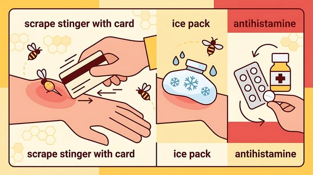 Bee sting first aid treatment steps infographic