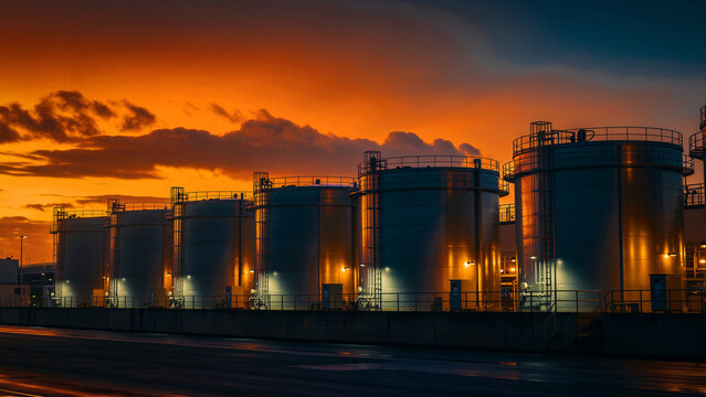 Industrial storage tanks row under orange sunset sky. Large metal silos at refinery illuminated by lights at dusk. Energy infrastructure concept for oil industry marketing.