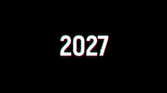 2027 year glitch digital loop countdown animation text with noise glitch effect. new year 2027 glitch text on display screen upcoming events