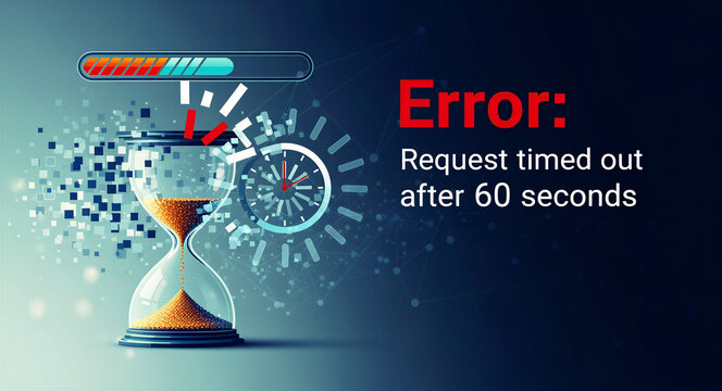 Hourglass and loading bar showing a digital system error. Technical timeout message with clock and pixelated data fragments. Latency and deadline concept for IT failure and web service marketing.