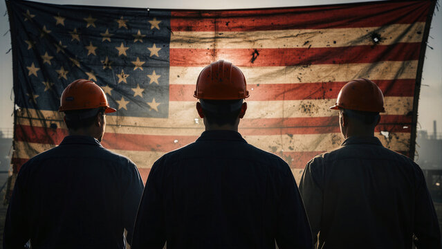 Three industrial workers in hard hats standing before a weathered American flag. Blue-collar workforce representing national pride and production. Labor Day concept for industrial marketing and.
