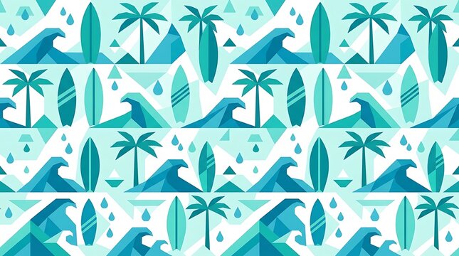 Geometric seamless pattern with palm trees surfboards and ocean waves